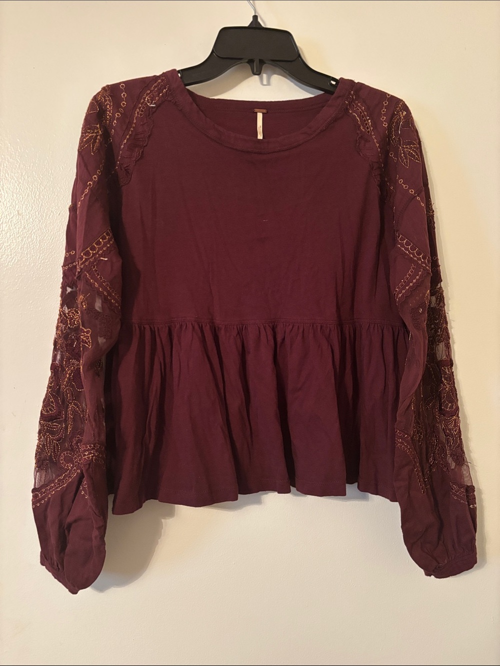 Free People Burgundy Embroidered Peplum Long-Sleeve Top